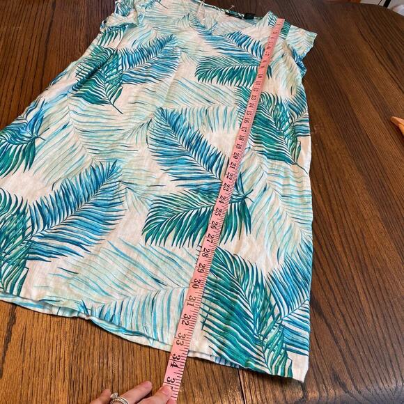 Tahari 100% Linen Palm Leaf Teal Short Dress Womens sz S Casual Tropical Relaxed - Picture 9 of 10